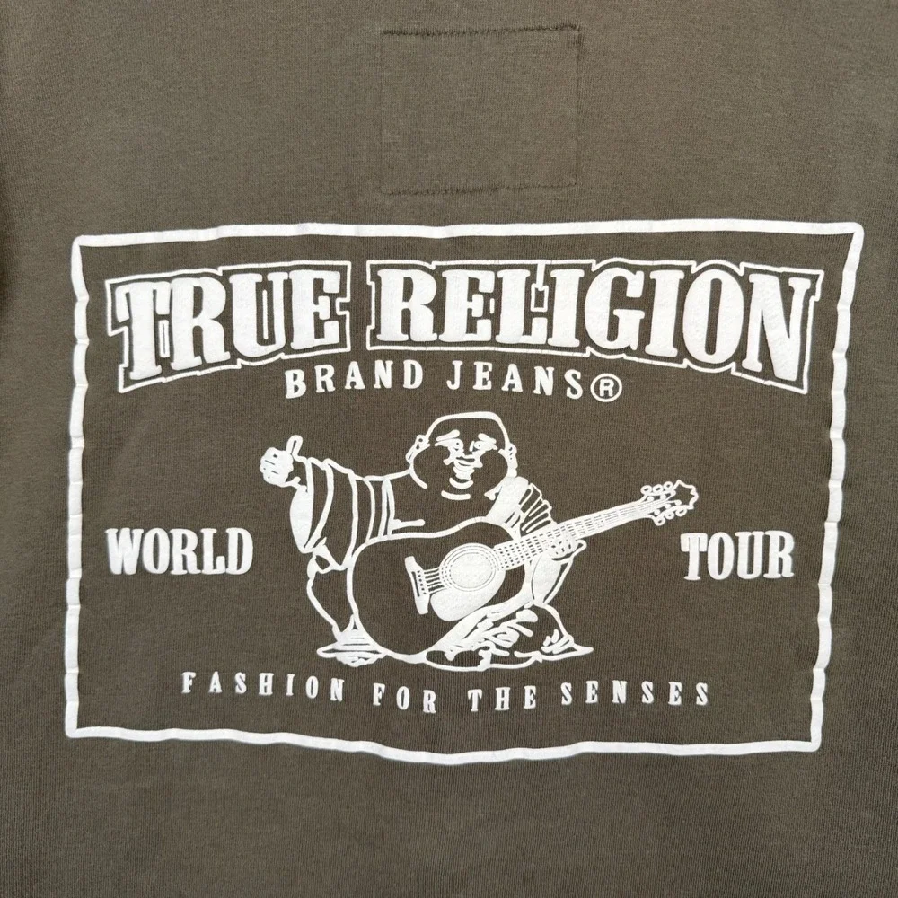 True Religion Mens World Tour Buddha Zip Hoodie Brown Contrast Stitch Y2K 3XL